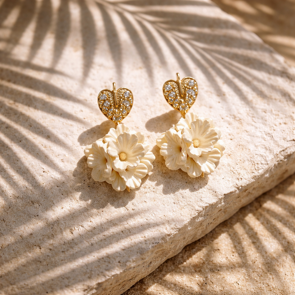 Boucle d&rsquo;oreilles feuille de pandanus et fleurs en céramique